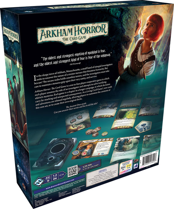 The back of the Arkham Horror: The Card Game box by Fantasy Flight Games. The design features eerie artwork and a quote about fear. It shows game mechanics, character images, and components including tokens and cards. The game supports 1 to 4 players and emphasizes cooperative gameplay in a mysterious setting, inviting players to explore engaging narratives as they face eerie challenges.