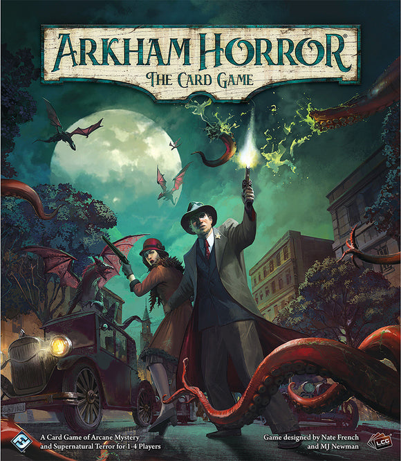 Arkham Horror: The Card Game box featuring a gripping scene of a detective and a woman facing monstrous tentacles in a dark, atmospheric urban setting. The artwork captures the essence of mystery and horror, inviting players to immerse themselves in a world of arcane terror and strategy for 1 to 4 players.