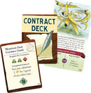 Three game cards from the Almanac: The Dragon Road. The central card labeled 'CONTRACT DECK' features a feather quill over a scroll. Surrounding it are two additional cards: one titled 'Mountain Peak Catchers Guild' detailing a transport request, and the other with whimsical illustrations and text guiding players in their adventure.