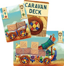Three illustrated cards from the game 'Almanac: The Dragon Road' by Matagot. One card displays a caravan deck title, while the other two feature vibrant images of a caravan loaded with boxes and other goods. The cards include visual elements like colored wheels and decorative patterns, enhancing the whimsical theme of the game.