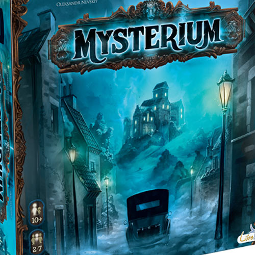 Mysterium game box by Libellud featuring an eerie illustration of a foggy street with a mysterious house in the background. The box showcases ornate designs and icons indicating it is suitable for 2-7 players aged 10 and above.