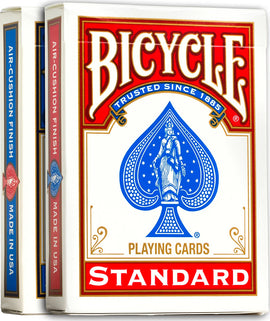 Image of Bicycle Standard playing cards by US Playing Card Co. The box features a classic design with a red and blue color scheme, displaying the ace of spades design and the text 'Trusted Since 1885' and 'Air-Cushion Finish'. Ideal for card games and magic tricks.