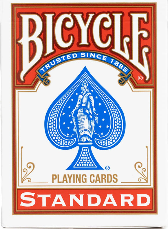 A package of Bicycle Standard playing cards featuring a bold red and white design with a blue spade symbol at the center, adorned with an intricate illustration of a lady in the spade with stars around it, emphasizing the trusted quality of the cards since 1885.