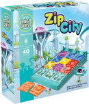 Zip City Logic Puzzle by Mixlore, featuring a colorful mechanical design with various puzzle pieces and marbles. Ideal for single players aged 8 and up, the game challenges players to build a maze that guides marbles to the correct destinations. The brightly colored box showcases a futuristic cityscape, complete with vibrant puzzle pieces and a fun robotic character.