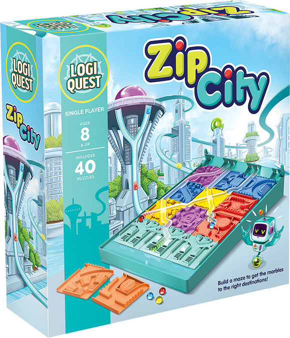 Zip City Logic Puzzle by Mixlore, featuring a colorful mechanical design with various puzzle pieces and marbles. Ideal for single players aged 8 and up, the game challenges players to build a maze that guides marbles to the correct destinations. The brightly colored box showcases a futuristic cityscape, complete with vibrant puzzle pieces and a fun robotic character.