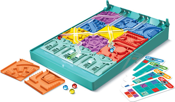 Zip City Logic Puzzle by Mixlore features a colorful mechanical puzzle with a play area segmented into different colored sections. The puzzle includes marbles and challenge cards that guide players in navigating the marbles through the maze-like format. Perfect for developing problem-solving skills and engaging in strategic play, this puzzle is designed for curious minds of all ages.