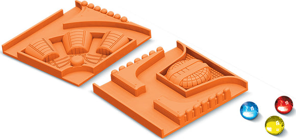 Zip City Logic Puzzle by Mixlore is a vibrant orange mechanical puzzle featuring interlocking pieces with various paths for marbles to navigate. The set includes three colorful marbles: red, blue, and yellow, designed to challenge and stimulate logical thinking and problem-solving skills.