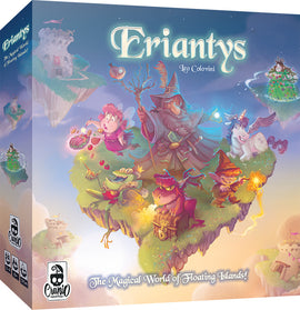 The Eriantys game box features vibrant artwork depicting a whimsical scene in a magical world of floating islands. Characters include fairies, a wizard, and various fantastical creatures, inviting players into an imaginative adventure.