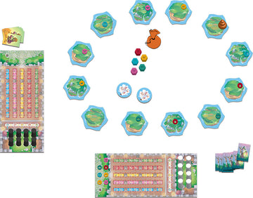 Eriantys board game by Asmodee, featuring colorful hexagonal game tiles representing islands, player tokens, and various cards organized on a beautifully illustrated board. The game encourages strategic thinking and interaction among players.