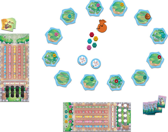 Eriantys board game by Asmodee, featuring colorful hexagonal game tiles representing islands, player tokens, and various cards organized on a beautifully illustrated board. The game encourages strategic thinking and interaction among players.