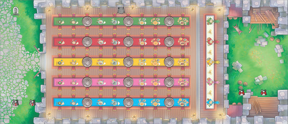 A vibrant game board for Eriantys by Asmodee, featuring a colorful layout with multiple dining tables set in a castle-like environment, displaying dishes and decorations. Players can be seen at the edges, ready to engage in this fun and strategic game.