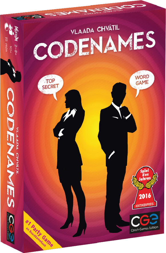 Box cover of the board game 'Codenames' by Czech Games. The design features two silhouetted figures against a colorful gradient background, with the text 'Codenames' prominently displayed. It also includes phrases like 'TOP SECRET' and 'WORD GAME', along with an award badge that reads '#1 Party Game on BoardGameGeek' and a prestigious award from 2016.