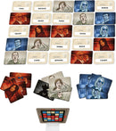 Codenames board game by Czech Games featuring an array of cards laid out in a grid pattern. Each card displays a word alongside illustrations of people, set against a colorful background. In the foreground, additional character cards are arranged. The spymaster's screen is displayed, indicating clues and gameplay mechanics.