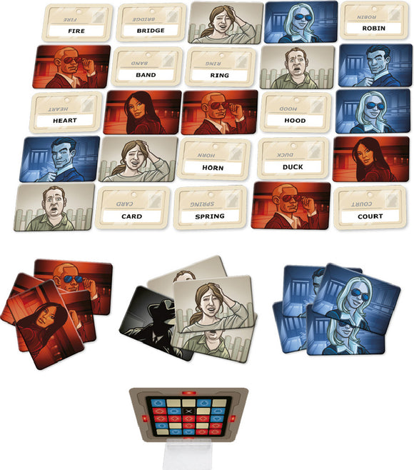 Codenames board game by Czech Games featuring an array of cards laid out in a grid pattern. Each card displays a word alongside illustrations of people, set against a colorful background. In the foreground, additional character cards are arranged. The spymaster's screen is displayed, indicating clues and gameplay mechanics.