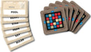 Codenames game by Czech Games featuring a set of keyword cards and a grid with colored markers. The cards display words like 'POOL', 'EGYPT', and 'STAR', while the grid showcases a mix of colored pegs suggesting strategic gameplay.