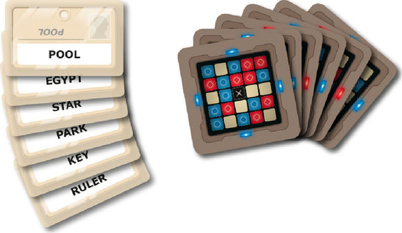 Codenames game by Czech Games featuring a set of keyword cards and a grid with colored markers. The cards display words like 'POOL', 'EGYPT', and 'STAR', while the grid showcases a mix of colored pegs suggesting strategic gameplay.