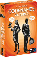 Codenames: Pictures game box showcasing two characters in suits with an orange background. The title 'Codenames: Pictures' and 'Top Secret' are prominently displayed, indicating it's a fun picture-based guessing game for players aged 10 and up.