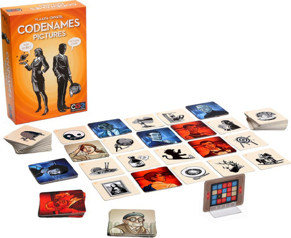 Codenames: Pictures board game by Czech Games featuring a colorful box with intriguing artwork. The game setup includes a grid of character and object cards in various colors laid out with a clue-giving device in front. A couple of player cards are also visible, showcasing the game's strategic premise of word association and teamwork.