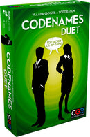 The Codenames: Duet game box by Czech Games features a vibrant green background with silhouettes of two characters, one male and one female. The title 'Codenames Duet' is prominently displayed in bold white text, alongside the subtitle 'Top Secret Co-Op Game.' This two-player game encourages collaboration and strategic thinking in a suspenseful setting.