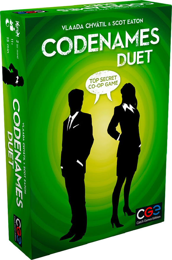 The Codenames: Duet game box by Czech Games features a vibrant green background with silhouettes of two characters, one male and one female. The title 'Codenames Duet' is prominently displayed in bold white text, alongside the subtitle 'Top Secret Co-Op Game.' This two-player game encourages collaboration and strategic thinking in a suspenseful setting.