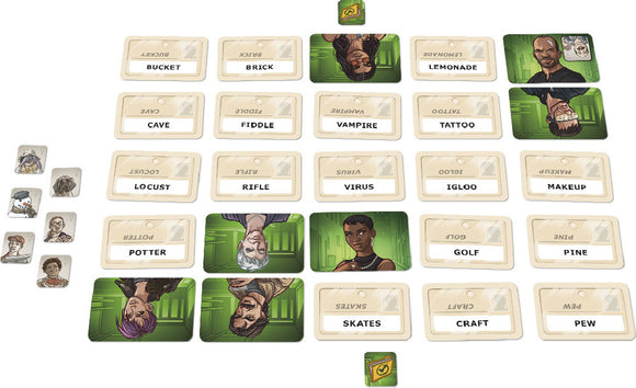 Codenames: Duet board game set up for play, featuring a grid of word cards with various images and text. The game includes different character cards at the side, showcasing players' roles. The design is colorful and engaging, inviting players to use strategic thinking and teamwork.