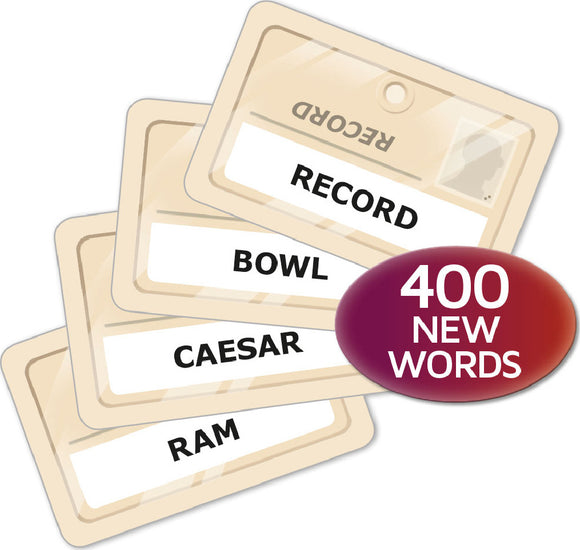 Codenames: Duet game featuring playing cards with words like RECORD, BOWL, CAESAR, and RAM. The game encourages teamwork with 400 new words for players to guess.