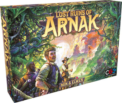 The box art for the game 'Lost Ruins of Arnak' by Czech Games. It features a lush, vibrant jungle scene with explorers, including two men and a woman, amidst ancient ruins and wildlife. The title is prominently displayed at the top in bold lettering.