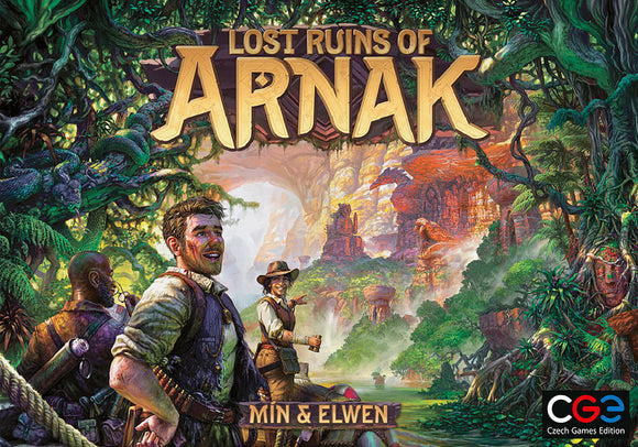 Cover art of the board game 'Lost Ruins of Arnak' by Czech Games, featuring adventurous characters exploring lush jungle landscapes with ancient ruins, vibrant colors, and intricate details.
