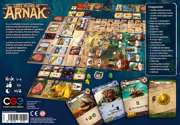 Lost Ruins of Arnak board game by Czech Games, showcasing the game board, player boards, and various game components. The image highlights the detailed artwork and layout designed for exploration and resource management. Suitable for 1-4 players, ages 12 and up, with a playtime of approximately 30 minutes. Features cards, tokens, and action tiles vital for strategic gameplay.