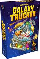 Galaxy Trucker board game by Czech Games Editions, featuring a vibrant box design. The cover shows cartoon astronauts in a space truck of various colors, surrounded by space debris and alien creatures, set against a starry background. Suitable for 2 to 4 players, ages 8 and up, with a playtime of around 30 minutes.