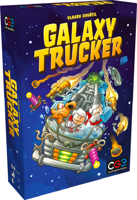 Galaxy Trucker board game by Czech Games Editions, featuring a vibrant box design. The cover shows cartoon astronauts in a space truck of various colors, surrounded by space debris and alien creatures, set against a starry background. Suitable for 2 to 4 players, ages 8 and up, with a playtime of around 30 minutes.