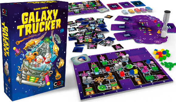 Galaxy Trucker board game by Czech Games Editions featuring vibrant artwork. The box is upright on the left, showcasing the title. Surrounding elements include game pieces, cards, a game board depicting space travels, and an hourglass timer, ready for an exciting intergalactic adventure.