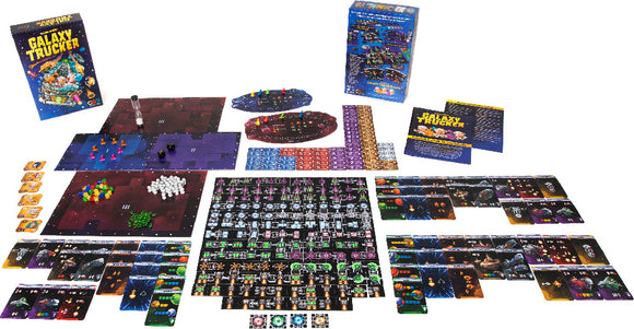 Galaxy Trucker board game by Czech Games Editions displayed flat, featuring the box, game boards, cards, spaceship components, and tokens. The vibrant graphics showcase spaceships, alien encounters, and various game elements that promise an exciting galactic adventure.
