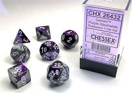 A Gemini Purple-Steel/White Polyhedral Dice Set by Chessex. The set includes seven intricately designed dice featuring a blend of purple and steel colors with white numbers. Each die has a unique shape, including a d20, d12, d10, d8, d6, d4, and a cube, all neatly displayed in a clear packaging.