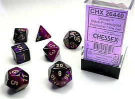 Gemini Black-Purple/Gold Polyhedral Dice Set by Chessex featuring seven beautifully crafted dice with a mix of black and purple colors, highlighted with gold numbers. The set includes a d4, d6, d8, d10, d12, and d20, perfect for tabletop gaming enthusiasts.