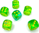 A close-up view of six translucent polyhedral dice in vibrant green, teal, and yellow colors, featuring dots that indicate numbers. These dice add a colorful touch to tabletop games and are perfect for gaming enthusiasts.