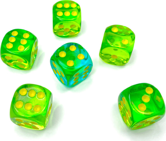 A close-up view of six translucent polyhedral dice in vibrant green, teal, and yellow colors, featuring dots that indicate numbers. These dice add a colorful touch to tabletop games and are perfect for gaming enthusiasts.
