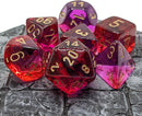 A colorful set of Chessex Gemini Translucent Red, Violet, and Gold polyhedral dice arranged on a textured black surface. The dice feature bold gold numbers, showcasing various shapes like d4, d6, d8, d10, d12, and d20, perfect for tabletop games.