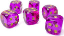A collection of six vibrant purple translucent dice with gold pips. The dice are displayed in a scattered formation, showcasing their shiny surface and unique color.