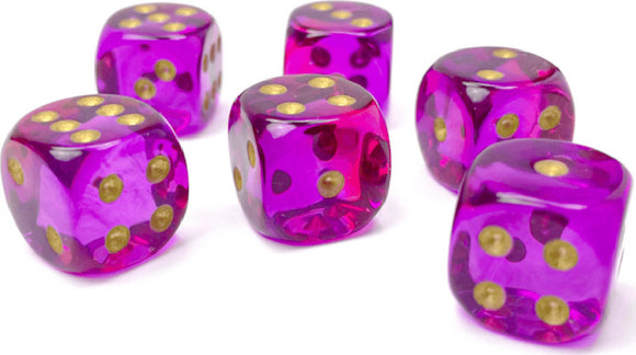 A collection of six vibrant purple translucent dice with gold pips. The dice are displayed in a scattered formation, showcasing their shiny surface and unique color.