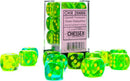 A vibrant set of twelve Gemini Translucent dice in Green, Teal, and Yellow by Chessex. The dice feature a unique speckled design and are arranged around a clear storage box, highlighting their eye-catching colors. Perfect for tabletop gaming enthusiasts.