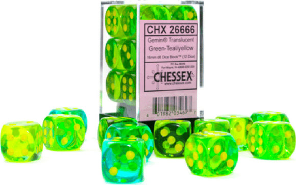 A vibrant set of twelve Gemini Translucent dice in Green, Teal, and Yellow by Chessex. The dice feature a unique speckled design and are arranged around a clear storage box, highlighting their eye-catching colors. Perfect for tabletop gaming enthusiasts.