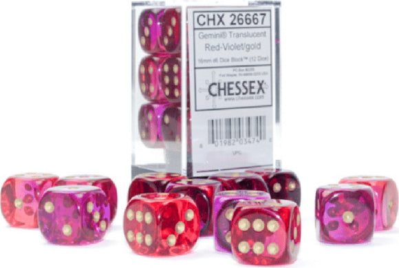 A set of 12 translucent red and violet dice from Chessex, featuring gold pips. The dice are displayed prominently around a clear box showcasing four additional dice. Ideal for board games and tabletop RPGs.