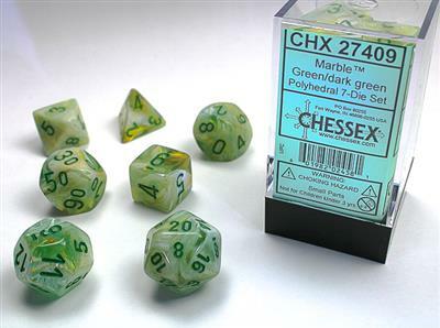 A Chessex Marble green and dark green polyhedral 7-die set, featuring distinct dice shapes including d4, d6, d8, d10, d12, and d20. The dice have a marbled green finish with clear numbering and come in a transparent packaging. Ideal for tabletop games and RPGs.