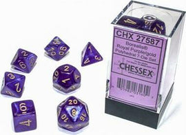Borealis Luminary Royal Purple/Gold Polyhedral Dice Set by Chessex displayed in a clear box. The set includes seven intricately designed dice in royal purple with golden numbers, perfect for tabletop games.