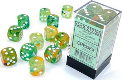 A set of colorful, translucent polyhedral dice in various shades of green, with white dots representing numbers. The dice are arranged around a clear plastic box labeled 'CHX 27755 Nebula Spring/White Lumin 12 D6' from Chessex. The collection showcases vivid swirls of color, adding a dynamic flair, ideal for tabletop games.