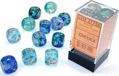 A set of Nebula Ocean/gold D6 dice from Chessex, featuring a mix of blue and turquoise colors with gold speckles. The dice are displayed beside their transparent container, showcasing various angles and sides.