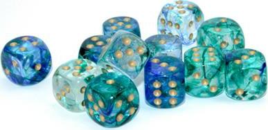 A vibrant assortment of dice in various shades of blue, green, and transparent with gold pips. The collection features twelve polyhedral dice, ideal for tabletop games and RPGs. The unique nebula ocean design adds a striking visual appeal, perfect for gamers looking to enhance their gameplay experience.