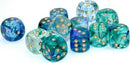 A vibrant assortment of dice in various shades of blue, green, and transparent with gold pips. The collection features twelve polyhedral dice, ideal for tabletop games and RPGs. The unique nebula ocean design adds a striking visual appeal, perfect for gamers looking to enhance their gameplay experience.