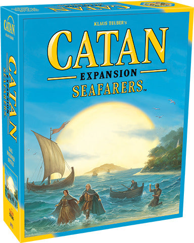 Catan: Seafarers game box featuring vibrant artwork. The cover displays a sunlit seascape with ships sailing and three characters on the shore, set against a scenic background. Ideal for family game nights.